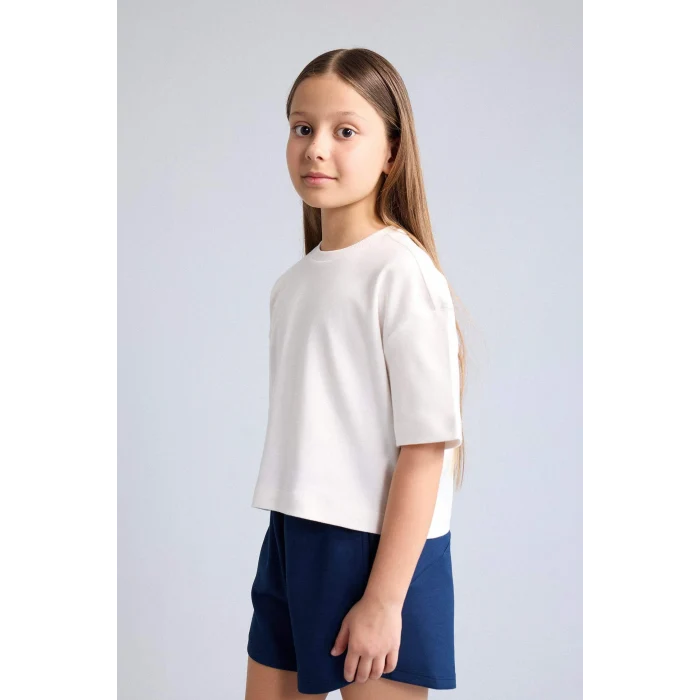 Defacto H7237A8WT34 Beyaz Oversize Bisiklet Yaka Kısa Kollu Tişört Kız Çocuk