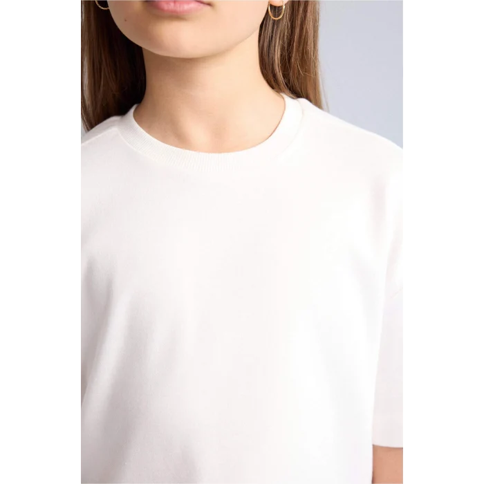 Defacto H7237A8WT34 Beyaz Oversize Bisiklet Yaka Kısa Kollu Tişört Kız Çocuk