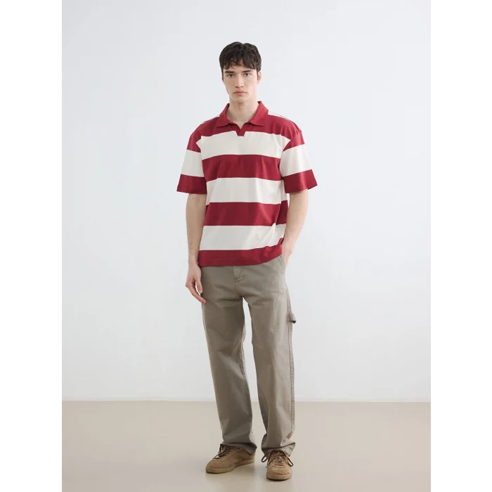 XSIDE Bordo Rahat Fit Polo Yaka Çizgili Erkek Tişört
