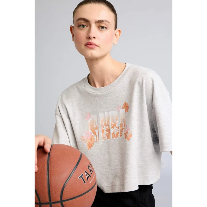 Defacto G9462AXGR421 Gri NBA Relax Fıt Bisiklet Yaka Baskılı Sporcu Kısa Kollu Tişört