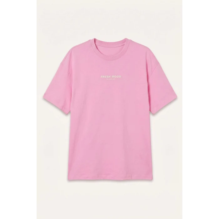 Defacto H6138A8PN666 Pembe Bisiklet Yaka Baskılı Kısa Kollu Pembe Tişört Kız Çocuk
