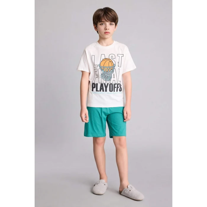 Defacto G8830A8ER105 Ekru Regular Fıt Baskılı 2li Şort Tişört Pijama Takımı Erkek Çocuk