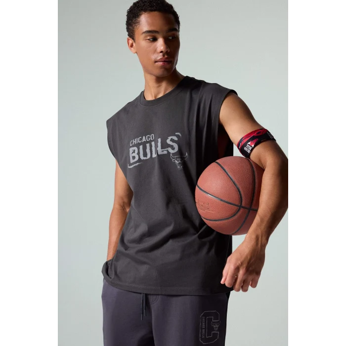 Defacto G0911AXAR214 Antrasit NBA Chıcago Bulls Oversıze Baskılı Bisiklet Yaka Atlet
