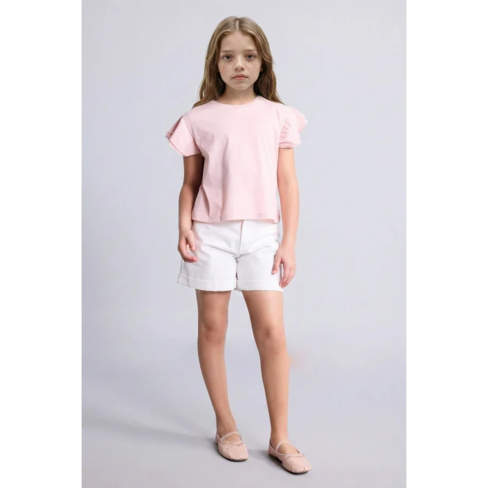 Defacto H7249A8PN141 Pembe Regular Fıt Bisiklet Yaka Penye Kısa Kollu Tişört Kız Çocuk