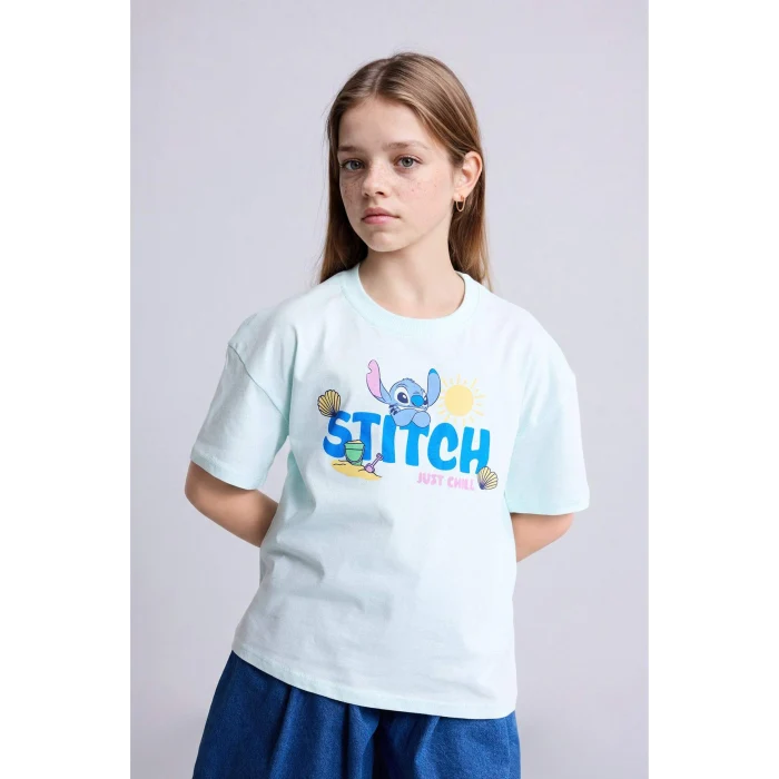 Defacto H3643A8TR412 Turkuaz Dısney Lılo & Stıtch Relax Fıt Bisiklet Yaka Kısa Kollu Baskılı Tişört Kız Çocuk