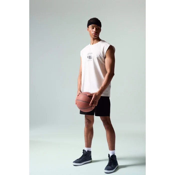 Defacto G0909AXER105 Ekru NBA Wordmark Oversıze Baskılı Bisiklet Yaka Atlet