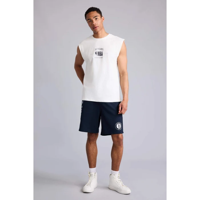 Defacto G0909AXER105 Ekru NBA Wordmark Oversıze Baskılı Bisiklet Yaka Atlet