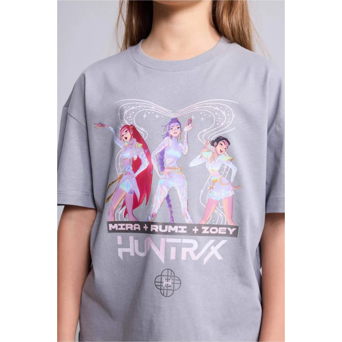 Defacto H7360A8GR265 Gri Kpop - Demon Hunters Oversıze Bisiklet Yaka Kısa Kollu Tişört Kız Çocuk