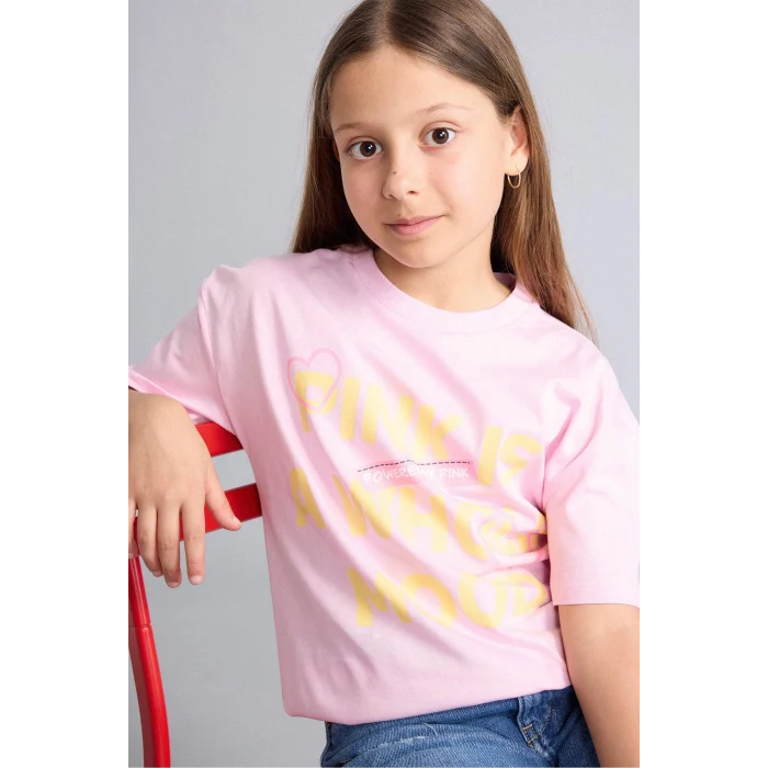 Defacto H7246A8PN47 Pembe Bisiklet Yaka Baskılı Kısa Kollu Tişört Kız Çocuk
