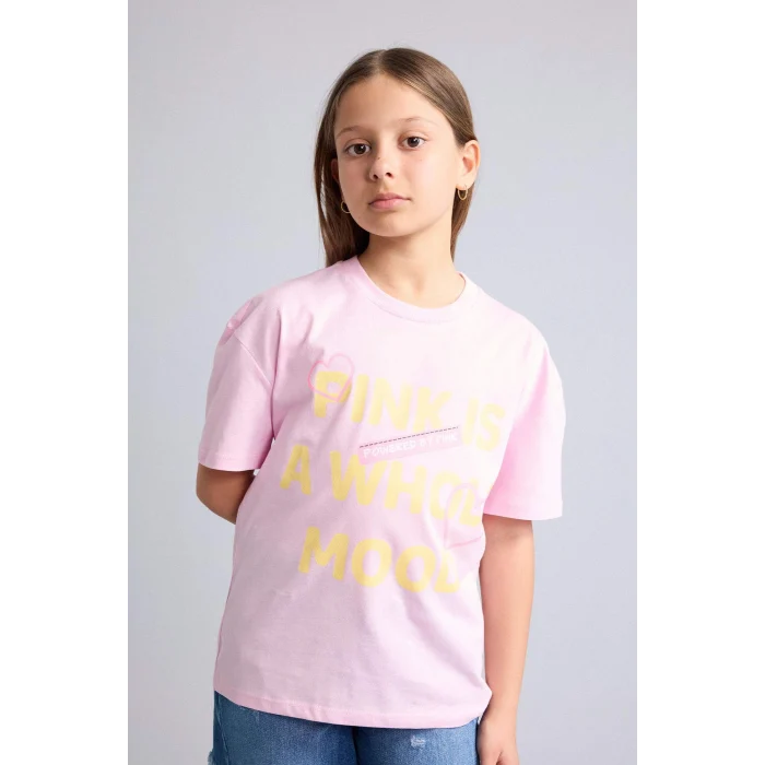Defacto H7246A8PN47 Pembe Bisiklet Yaka Baskılı Kısa Kollu Tişört Kız Çocuk