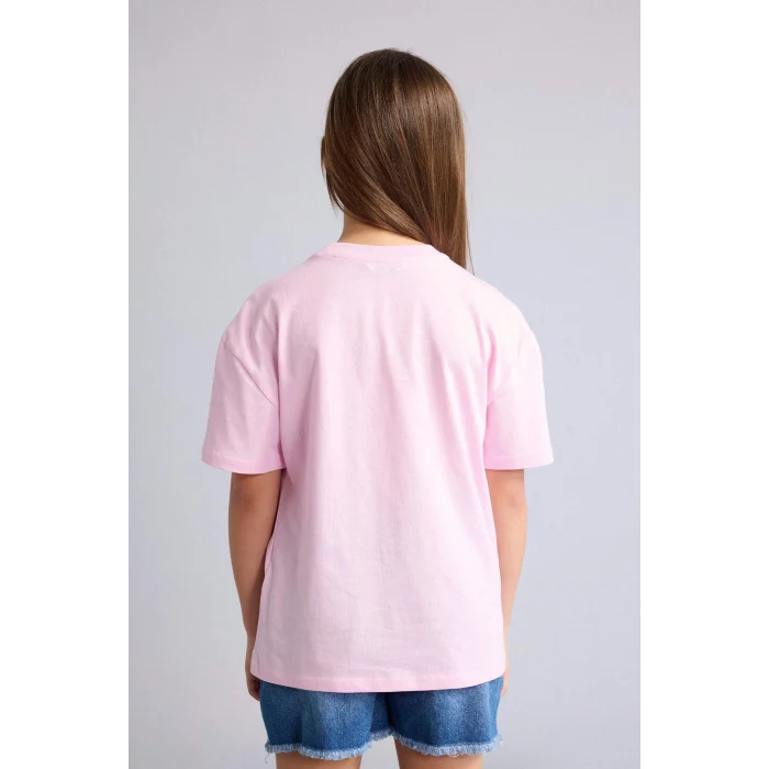 Defacto H7246A8PN47 Pembe Bisiklet Yaka Baskılı Kısa Kollu Tişört Kız Çocuk
