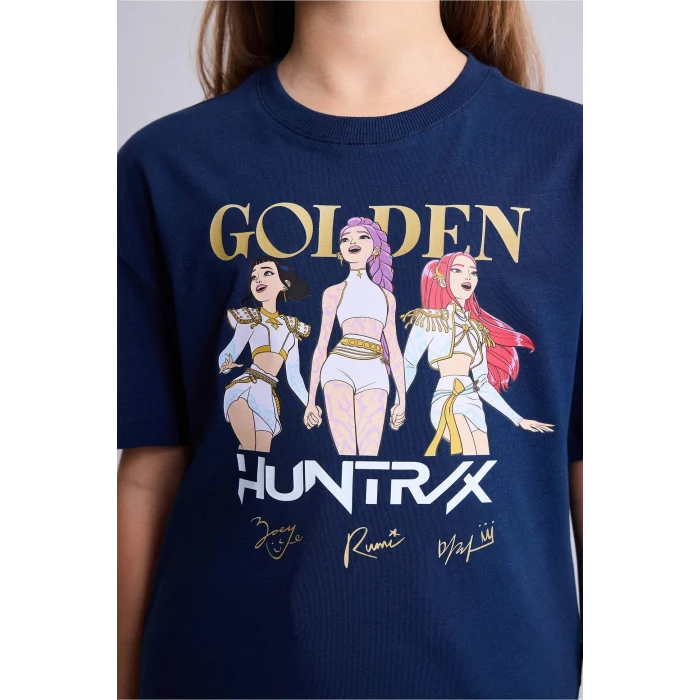 Defacto H7343A8NV31 Lacivert Kpop - Demon Hunters Relax Fıt Bisiklet Yaka Kısa Kollu Tişört Kız Çocuk