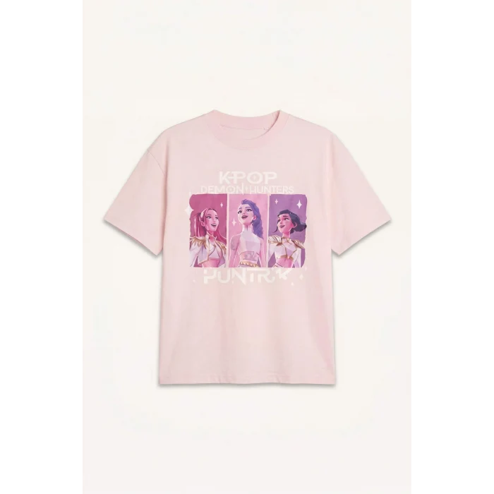 Defacto H7335A8PN289 Pembe Kpop - Demon Hunters Oversıze Bisiklet Yaka Kısa Kollu Tişört Kız Çocuk