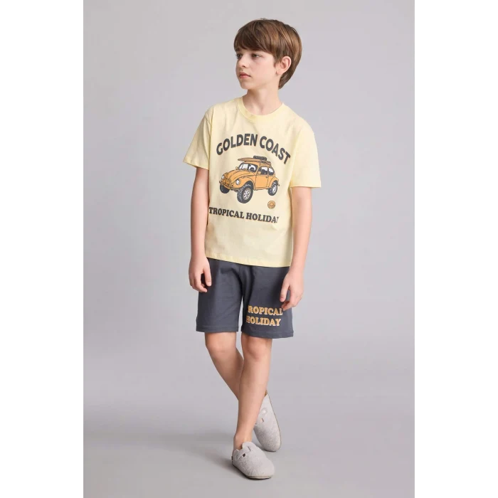 Defacto H4105A8YL83 Sarı Regular Fıt Baskılı 2li Şort Tişört Pijama Takımı Erkek Çocuk