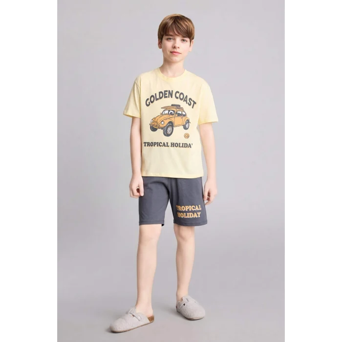Defacto H4105A8YL83 Sarı Regular Fıt Baskılı 2li Şort Tişört Pijama Takımı Erkek Çocuk