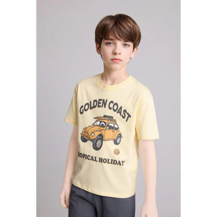 Defacto H4105A8YL83 Sarı Regular Fıt Baskılı 2li Şort Tişört Pijama Takımı Erkek Çocuk