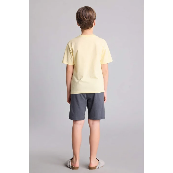 Defacto H4105A8YL83 Sarı Regular Fıt Baskılı 2li Şort Tişört Pijama Takımı Erkek Çocuk