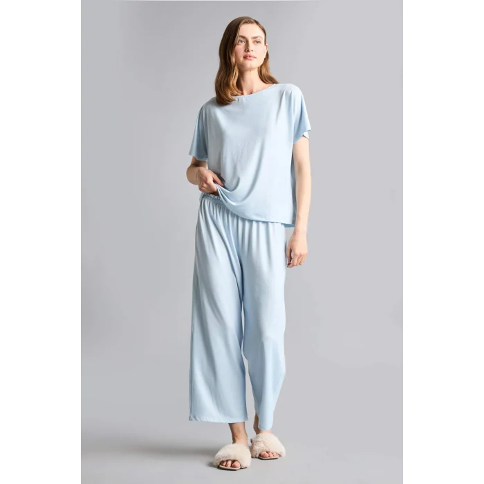 Defacto H7011AXBE745 Mavi Regular Fıt Kısa Kollu 2li Softshell Pijama Takım