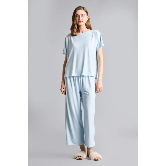 Defacto H7011AXBE745 Mavi Regular Fıt Kısa Kollu 2li Softshell Pijama Takım