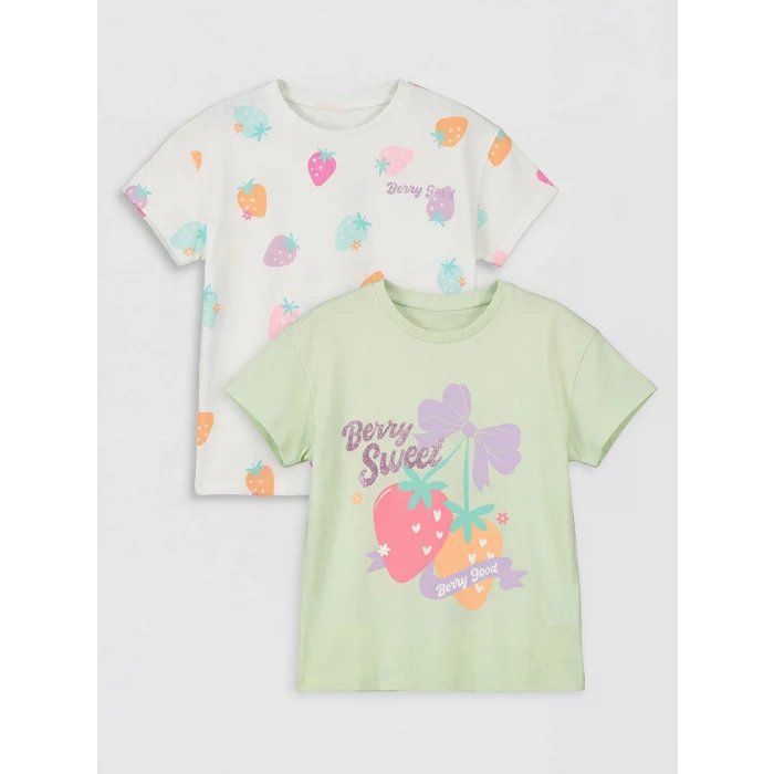 LCW Kids Yeşil Bisiklet Yaka Baskılı Kız Çocuk Tişört 2li