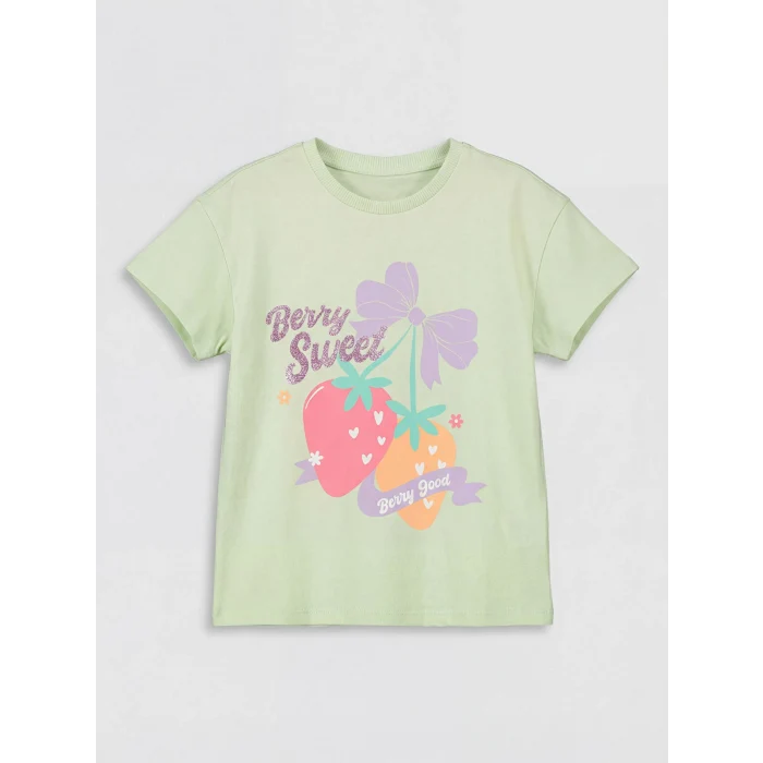 LCW Kids Yeşil Bisiklet Yaka Baskılı Kız Çocuk Tişört 2li