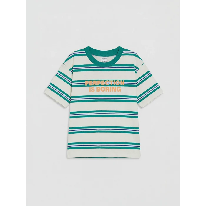 LCW Kids Yeşil Bisiklet Yaka Çizgili Erkek Çocuk Tişört