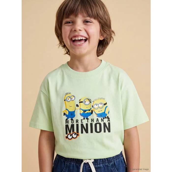 LCW Kids Yeşil Bisiklet Yaka Minions Baskılı Erkek Çocuk Tişört