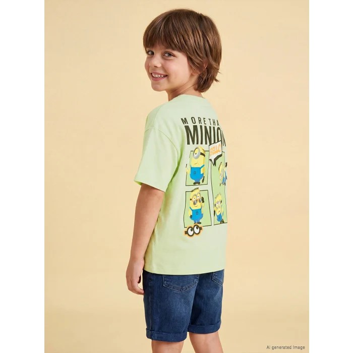 LCW Kids Yeşil Bisiklet Yaka Minions Baskılı Erkek Çocuk Tişört