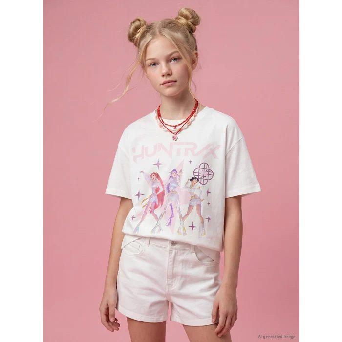 LCW Kids Beyaz K-pop Demon Hunters Baskılı Kız Çocuk Tişört
