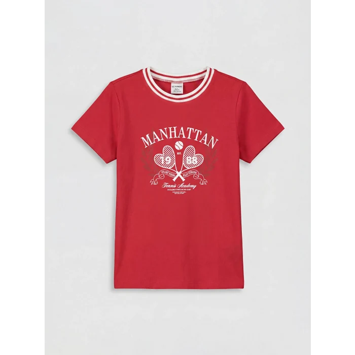 LCW Kids Kırmızı Manhattan Baskılı Kız Çocuk Tişört
