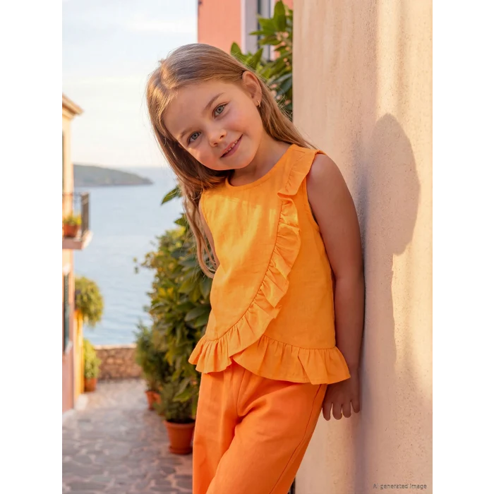 LCW Kids Turuncu Fırfırlı Kız Çocuk Bluz ve Pantolon