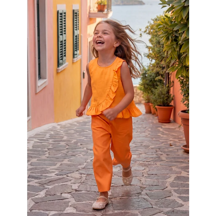 LCW Kids Turuncu Fırfırlı Kız Çocuk Bluz ve Pantolon