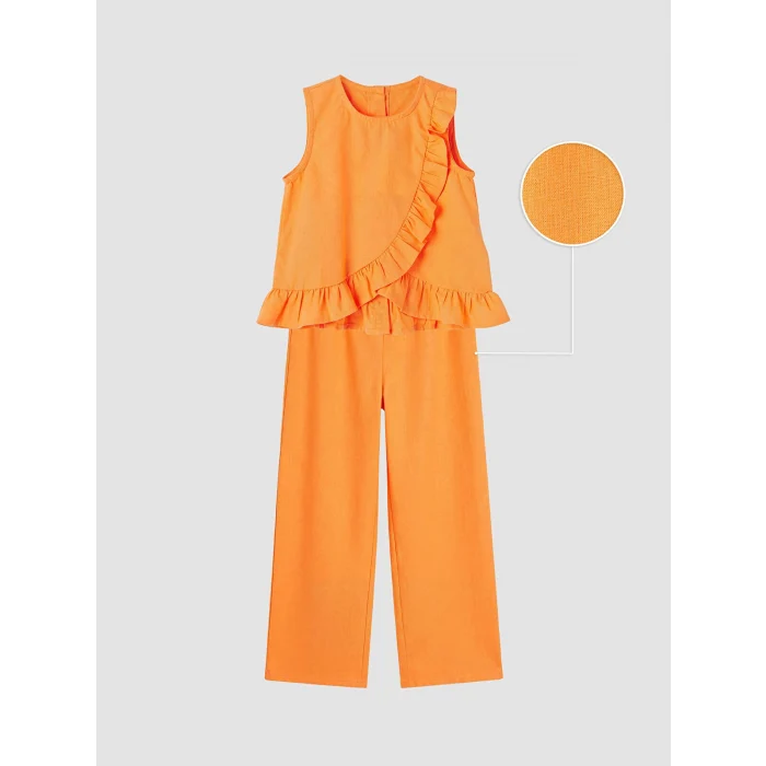 LCW Kids Turuncu Fırfırlı Kız Çocuk Bluz ve Pantolon