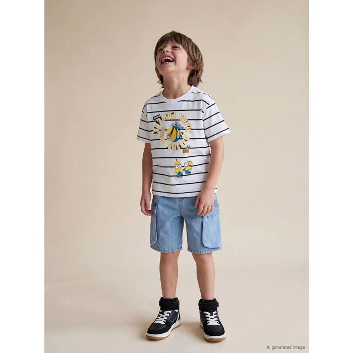 LCW Kids Beyaz Çizgili Minions Baskılı Erkek Çocuk Tişört
