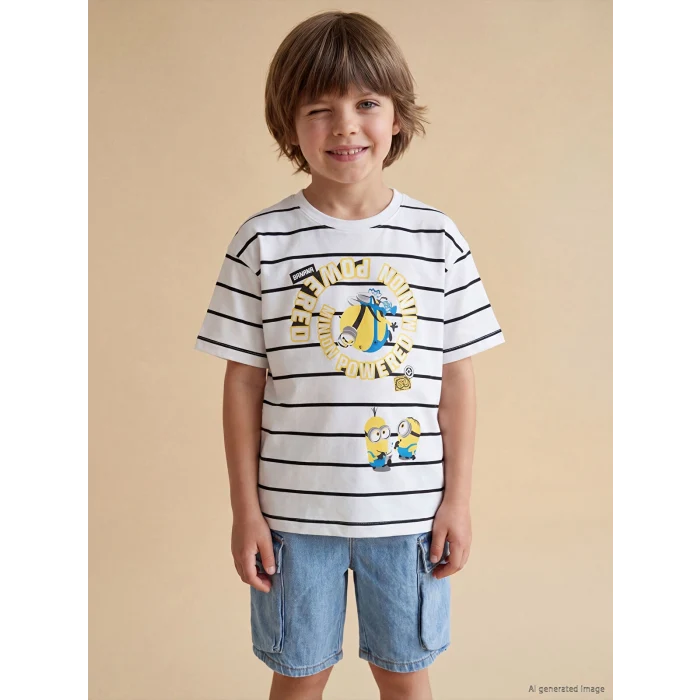 LCW Kids Beyaz Çizgili Minions Baskılı Erkek Çocuk Tişört