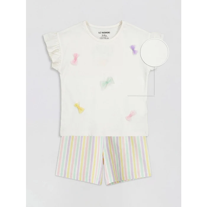 LCW Kids Ekru Bisiklet Yaka Nakışlı Kız Çocuk Takım