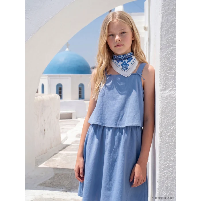 LCW Kids Mavi Kare Yaka Kız Çocuk Poplin Elbise