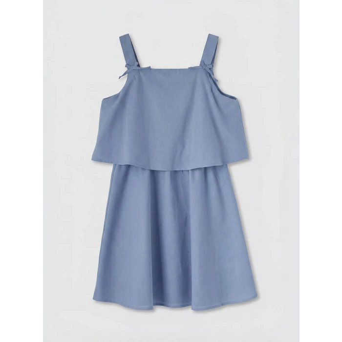 LCW Kids Mavi Kare Yaka Kız Çocuk Poplin Elbise