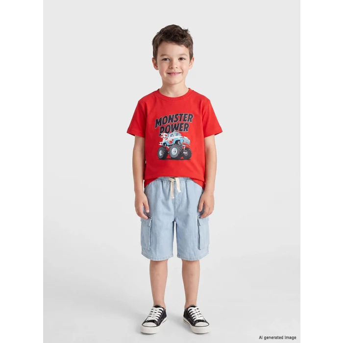 LCW Kids Kırmızı Bisiklet Yaka Baskılı Erkek Çocuk Tişört