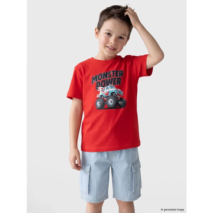 LCW Kids Kırmızı Bisiklet Yaka Baskılı Erkek Çocuk Tişört