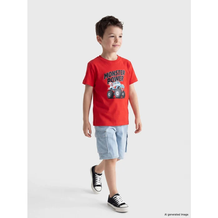 LCW Kids Kırmızı Bisiklet Yaka Baskılı Erkek Çocuk Tişört
