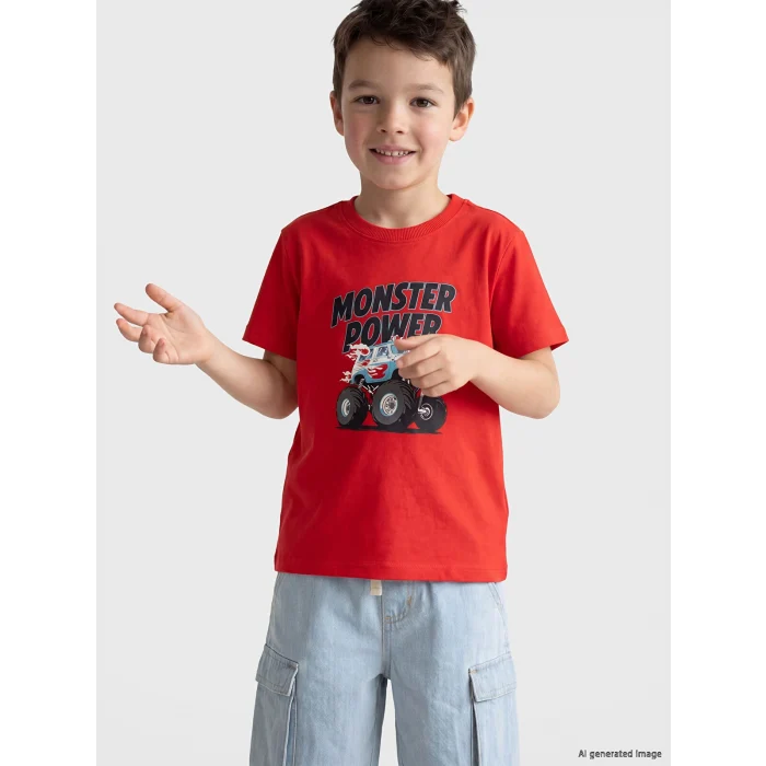 LCW Kids Kırmızı Bisiklet Yaka Baskılı Erkek Çocuk Tişört