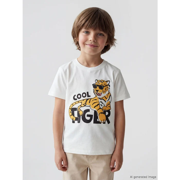 LCW Kids Beyaz Bisiklet Yaka Baskılı Erkek Çocuk Tişört