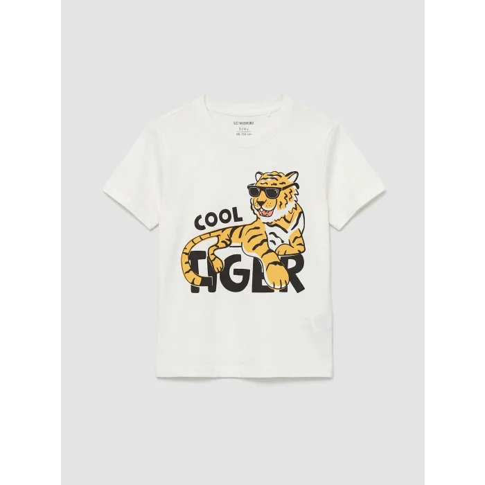 LCW Kids Beyaz Bisiklet Yaka Baskılı Erkek Çocuk Tişört
