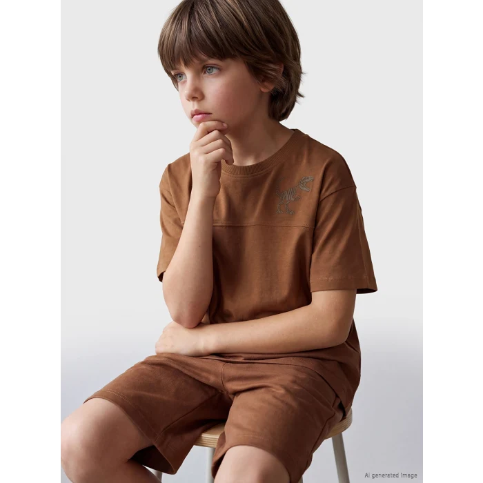 LCW Kids Kahverengi Dinozor Baskılı Erkek Çocuk Tişört ve Şort Takım