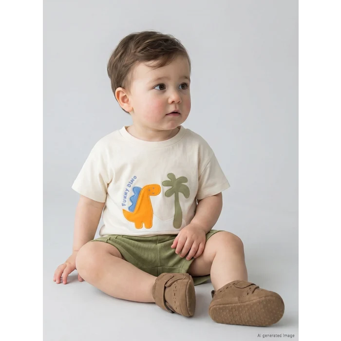 LCW baby Ekru Dinozor Aplikeli Erkek Bebek Takım