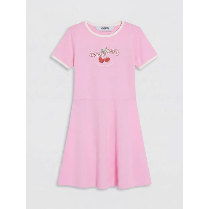 LCW Kids Pembe Bisiklet Yaka Baskılı Kız Çocuk Elbise