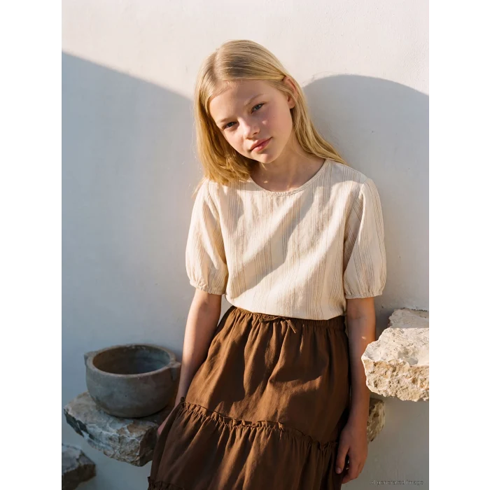 LCW Kids Ekru Çizgili Kız Çocuk Fırfırlı Tişört