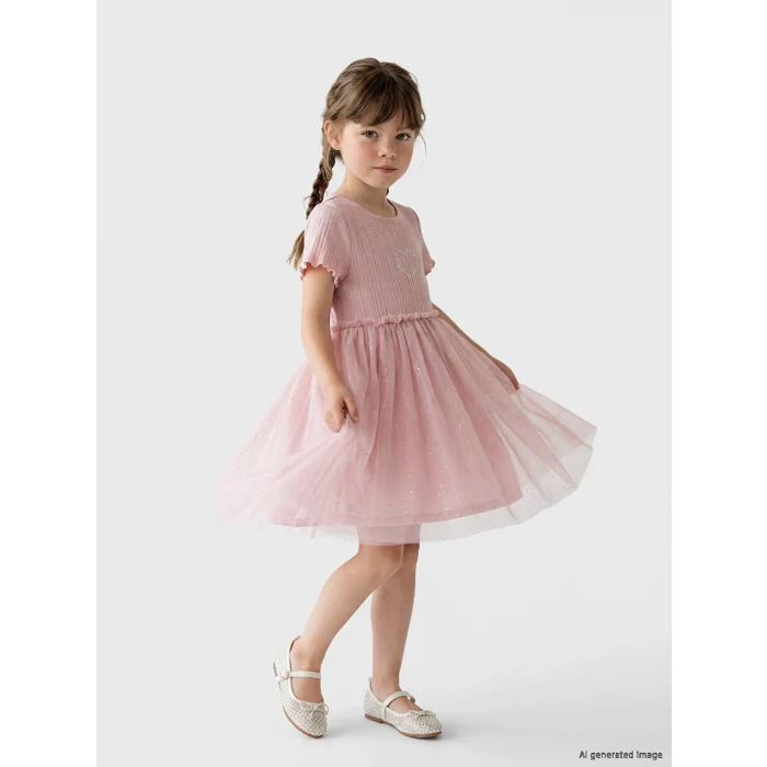 LCW Kids Pembe Bisiklet Yaka Taşlı Kız Çocuk Tütü Elbise