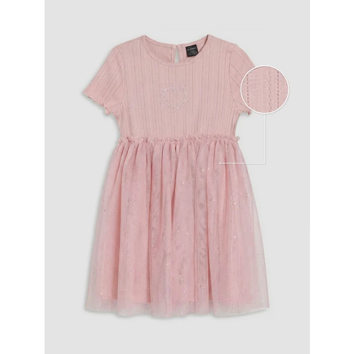 LCW Kids Pembe Bisiklet Yaka Taşlı Kız Çocuk Tütü Elbise